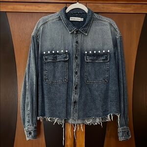 Rebecca Minkoff Ombré Crop Denim Jacket w/Crystal Accents Fray Hem Chest Pockets